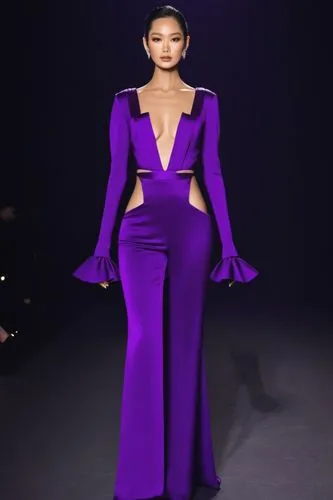 a fashion model  wearing  purple  long sleeved  ruffled cuf  top and  bootcut pants,a woman in a purple gown with bell sleeves,mugler,siriano,violaceous,purple dress,eveningwear,a floor-length dress,p