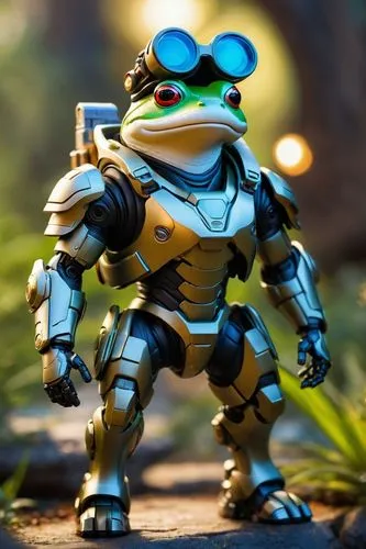 frog dog inu immaculate full body cyberpunk style robot with virtual reality glasses, going to the moon,a figure with goggles on that appears to be a robot,frog figure,frog background,jazz frog garden