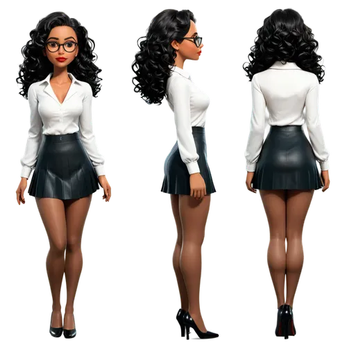 Create only high resolution images, pixar 3d, 4k, character sheet style, like a paper doll, A pose style. She must be wearing thin black silk tights, black tweed A-LINE skirt, white silk blouse with d