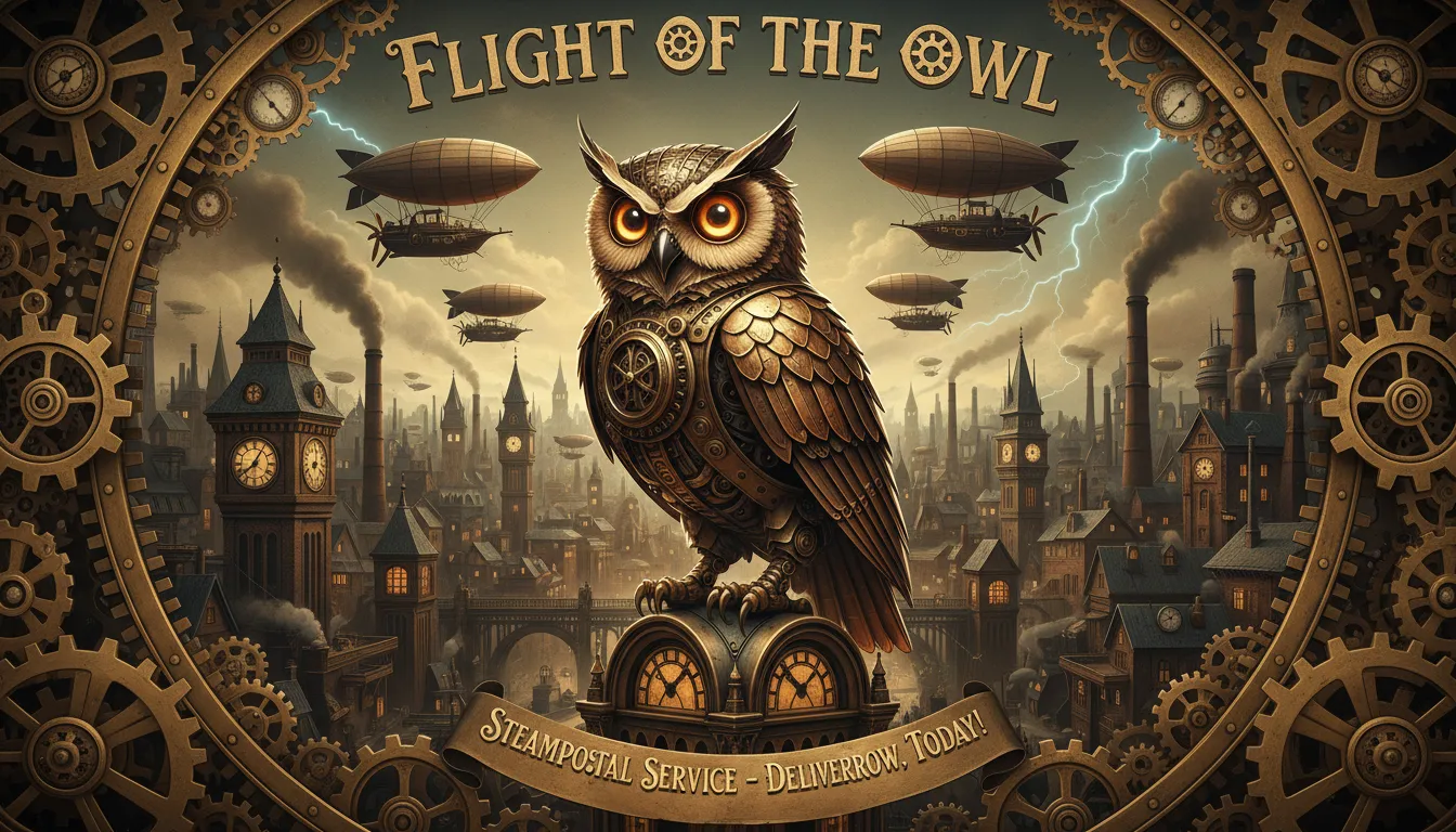 Ein aufwändiges, KI-generiertes Steampunk-Poster mit einer Uhrwerkeule mit leuchtenden Augen vor einem Hintergrund aus Messingzahnrädern und einer viktorianischen Stadtsilhouette.