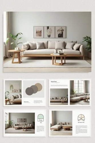 interior design proposal presentation board with 3d renderings, materials in a neatly composed sheet with white space and balanced formatted graphics




,a living room filled with furniture and art,d
