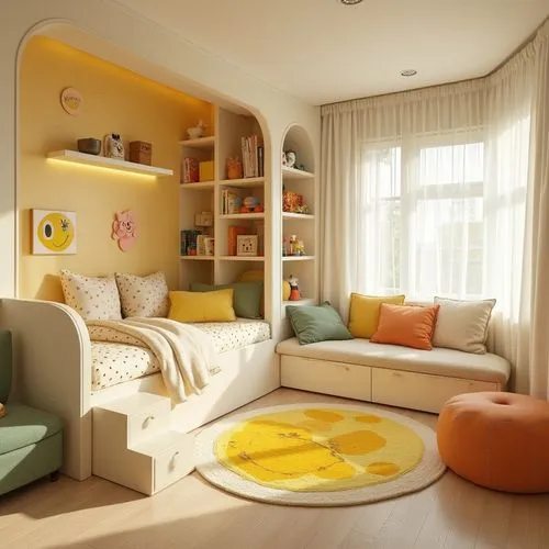 A cozy and cheerful children's bedroom featuring a warm color palette of soft creams and pastel yellows, the room is divided into two functional zones with a raised platform that includes built-in dra