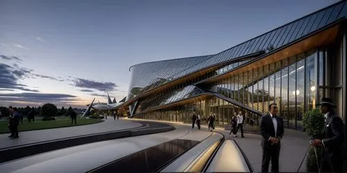 (at dusk:1.5),futuristic art museum,glass facade,futuristic architecture,disney concert hall,walt disney concert hall,soumaya museum,mercedes-benz museum,modern architecture,glass facades,metal claddi