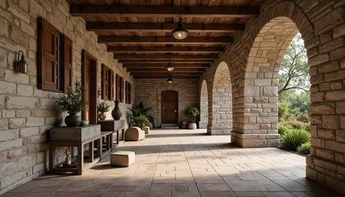 Weathered stone walls, rough-hewn wood accents, rustic metal fixtures, distressed concrete floors, tactile brick patterns, organic natural forms, earthy color palette, soft warm lighting, shallow dept
