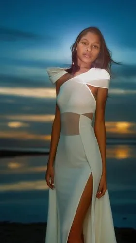 Fashion Model -Imagine something, something new, out of human (imagination) or (observation), super create, fully Ai generated, natural beauty,a woman wearing a white gown and standing by the ocean,lu