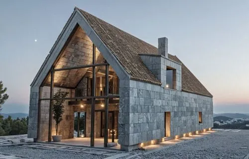 the large building has many windows on each side,cubic house,house in the mountains,house in mountains,timber house,dunes house,frame house,cube house,mountain hut,danish house,wooden house,inverted c