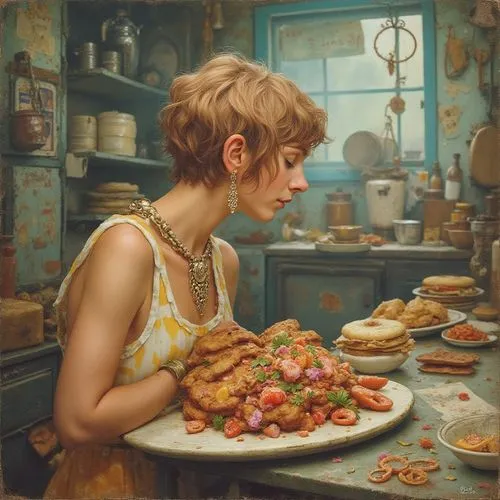everybody you've ever met is so delicious. ,a lady sitting with food in her hands, near the kitchen counter,girl in the kitchen,girl with bread-and-butter,woman at cafe,woman holding pie,appetite,pizz