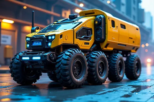 HD, high quality, best resolution, best quality, film,there is a yellow truck on top of the vehicle,off road toy,off-road vehicle,defender,off road vehicle,construction vehicle,monster truck,off-road 