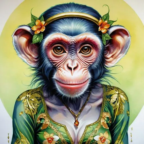 female anthropomorphic monkey ,a painting of a monkey with a halo around it's head,chimpanzee,macaque,simian,chimp,monkey island,monkey,monkey soldier,macaques,primates,the monkey,simians,monkeying,ch