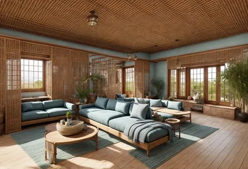 living room with huge window,japanese-style room,3d rendering,cabana,living room,sitting room,livingroom,patterned wood decoration,tropical house,sleeping room,family room,hanok,bamboo curtain,bamboo 