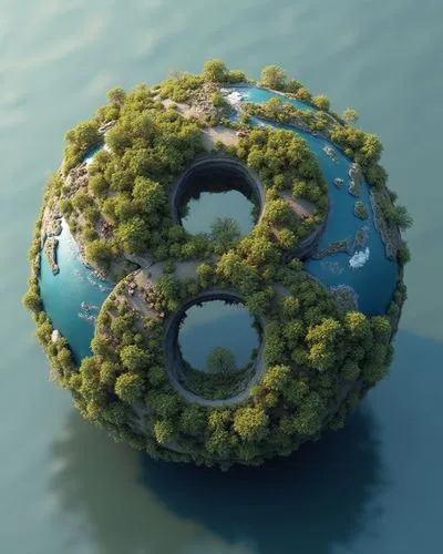 Create a highly detailed, 8k resolution isometric image that envisages the Earth reformed into the shape of the number 8. Showcase an intriguing 3D effect that exhibits various elements of our planet,