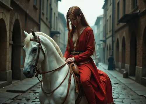 a woman in a red dress riding a white horse,horsewoman,horseback,horseriding,equestrian,arabians,cuirassier,white horse,horsemanship,redcoat,arabian horse,horse herder,nihang,red coat,lady in red,hors