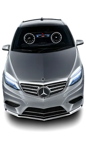 Mercedes-Benz, luxury car, silver metallic paint, sleek design, shining wheels, sporty spoiler, LED headlights, chrome grille, leather seats, dashboard with navigation system, driver's hands on steeri
