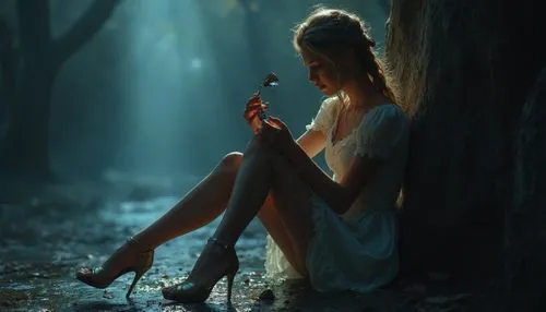 Cenicienta sentada llorando con un zapato de tacón roto en su mano,a woman is sitting in the forest looking at her phone,smoking girl,girl smoke cigarette,fantasy picture,girl with tree,mystical portr