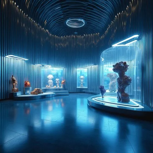 Futuristic art gallery, corrugated iron walls, ceiling, and floor, sleek metallic texture, neon lights reflecting off polished surfaces, geometric shapes, angular lines, minimalist decor, modern sculp