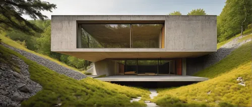 Achieve a minimalist feel with neutral colors and clean lines,cubic house,grass roof,exposed concrete,dunes house,modern architecture,cube house,modern house,house in mountains,swiss house,concrete,ec