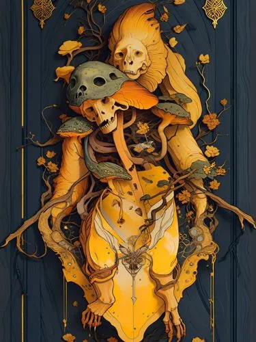 an art nouveau style painting of the skeleton,skulls,portal,day of the dead skeleton,skeletons,skulls bones,baroque angel,dance of death,day of the dead frame,baroque,macabre,necrology,skull sculpture