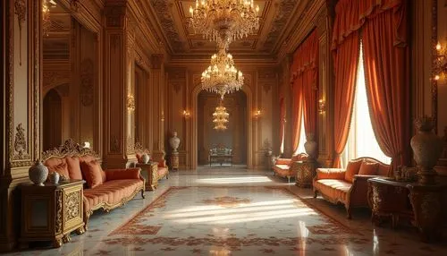 Grandiose chandeliers, ornate mirrors, lavish furnishings, intricately carved wooden panels, velvet drapes, gilded frames, luxurious fabrics, ornamental ceilings, marble floors, crystal vases, statues