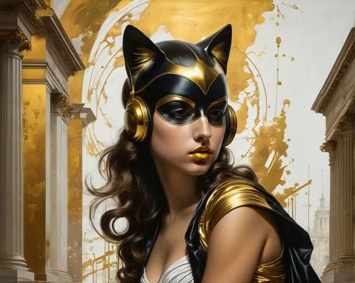 woman in cat mask and black and gold costume with golden paint,fantasy art,golden mask,gold mask,gold paint stroke,masquerade,queen of the night,fantasy woman,venetian mask,enchantress,gold foil art,g