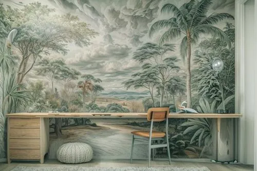Real life view of a studyroom with modern white furniture featuring a Wall mural on the walls,Studyroom Wall mural ideas,gournay,wallcovering,breakfast room,wall painting,dining room,danish room