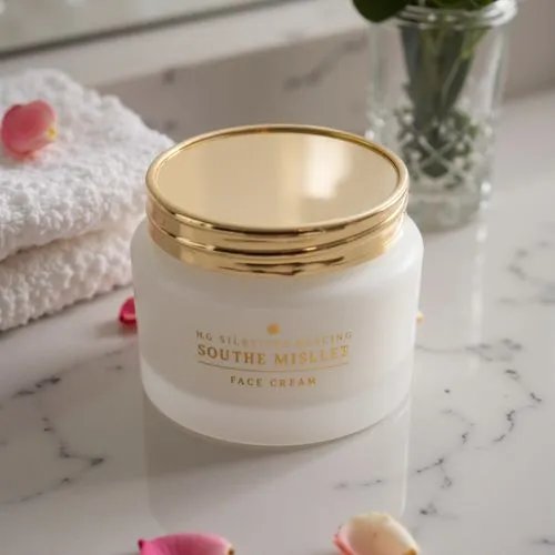 A luxurious face cream jar sitting on a sleek marble vanity, exuding elegance and sophistication. The jar is made of frosted white glass with a smooth, matte finish, topped with a metallic gold lid th