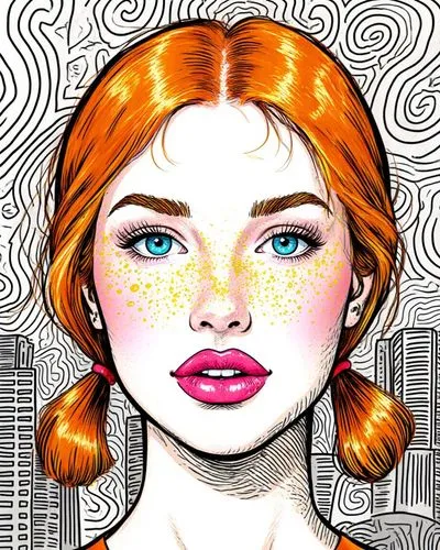 Rostro de una mujer de 20 años, cabello naranjado, labios rosados gruesos brillantes, ojos celestes con amarillo, dos colas en el cabello, detrás está la ciudad,a woman's face and the background is ma