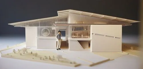 a model house with two small buildings, some in front,model house,miniature house,3d model