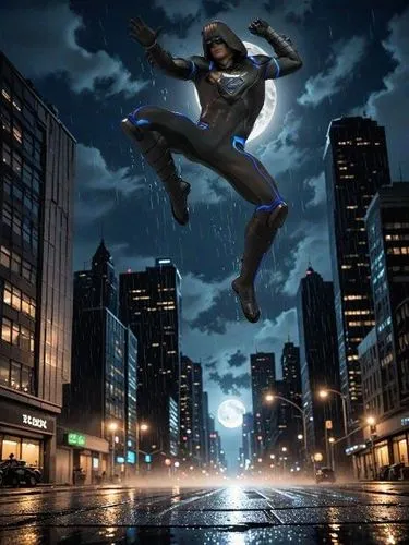 el personaje está saltando en una calle de una gran ciudad con rascacielos,el asfalto está mojado por la lluvia ,escena nocturna con una gran luna llena, estilo comic,this is a computer generated pict