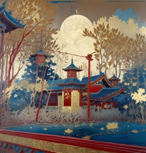Китайский павильон,a painting of a red building with blue roof, white fence and trees,oriental painting,the golden pavilion,cool woodblock images,golden pavilion,hall of supreme harmony,oriental lante