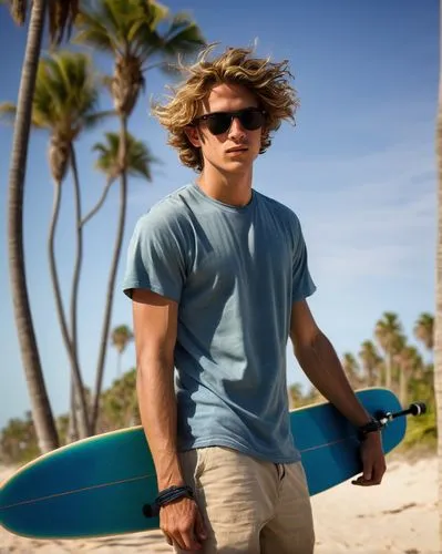 Longboard, surfer, beachy, casual wear, sunglasses, messy hair, athletic build, relaxed posture, leaning on longboard, standing on sandy beach, palm trees swaying in background, clear blue sky with fe