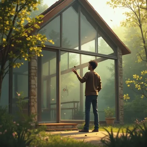 man standing Infront of glass house, throwing stone on it, realistic image ,a person stands outside a house in the sunlight,frame house,house in the forest,small cabin,the cabin in the mountains,cabin