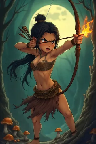 a fantasy illustration of a young woman archer holding her bow and lite a fire,moana,inara,polynesian girl,zarina,hula,mulan,pocahontas,apsara,niobe,polynesian,liliuokalani,fae,draupadi,alani,warrior 
