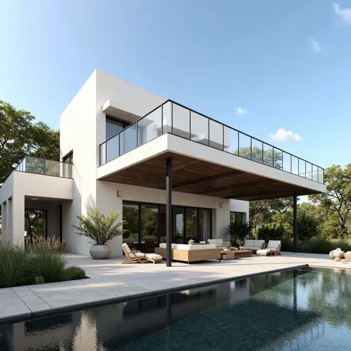 A modern villa with a cantilevered upper floor that juts out over a spacious outdoor lounge area. The villa's architecture emphasizes sharp angles and geometric forms, with white stucco walls and dark