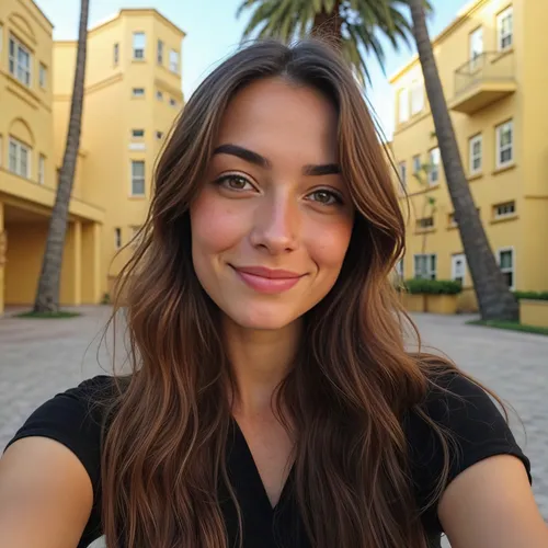 enhance quality, focus on making perfect eyes,a  taking a selfie outside with palm trees in the background,beautiful face,angel face,smiling,camera,dimpled,cute,smirk,grin,natural cosmetic,brunette,ad