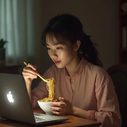 a woman using a laptop while eating noodles from a bowl,woman eating apple,online date,girl with cereal bowl,girl studying,girl at the computer,noodle image,restaurants online,noodle bowl,fried noodle