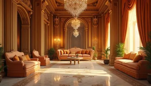 Luxurious golden color, ornate decoration, intricate patterns, velvet texture, lavish atmosphere, grandeur interior, luxurious furniture, marble flooring, crystal chandelier, warm ambient lighting, so