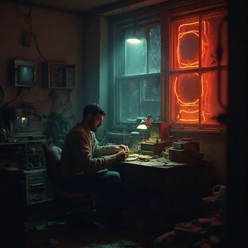 Within a decrepit apartment, illuminated solely by the flickering light of a malfunctioning neon sign outside the window, a man sits at a cluttered desk. Surrounded by obsolete electronics and stacks 