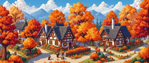 A pixel art autumn village with cozy cottages surrounded by vibrant orange and red trees under a clear, blue sky. The cottages have small pixelated details like chimneys with tiny puffs of smoke and w