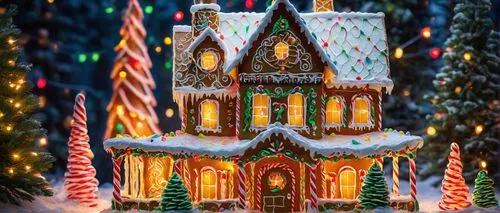 Whimsical architectural gingerbread house, ornate details, icing decorations, candy cane pillars, gumdrop windows, licorice vines crawling up walls, festive holiday atmosphere, snowy winter background