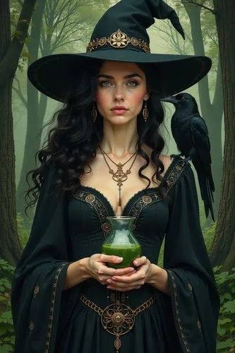 book page layout, illustration, norse patterns, black, silver and gold, Art Nouveau style, beautiful witch, imponent, black hair, green eyes, ethereal, beautiful, stunning, luminous, perfect, in fa fo