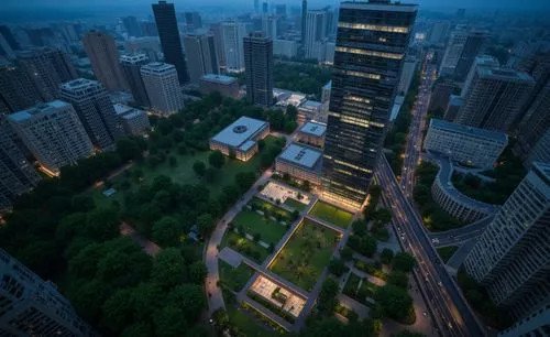 A bird's eye view of a futuristic city at night from a bird's-eye view. the cityscape is illuminated by the city lights, with tall skyscrapers, roads, and greenery visible. the buildings are arranged 
