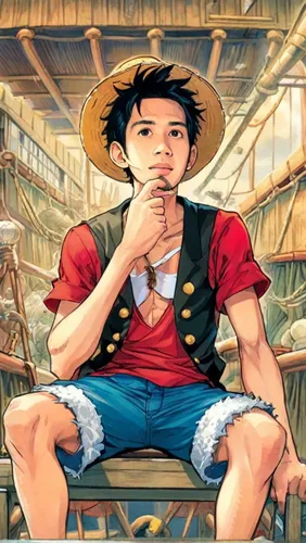 sitting on a ship,calm usopp,straw hat,garp fish,monkey island,straw hats,pirate,pinocchio,anime japanese clothing,2d,sea man,takikomi gohan,son goku,galleon,east indiaman,man on a bench,christopher c