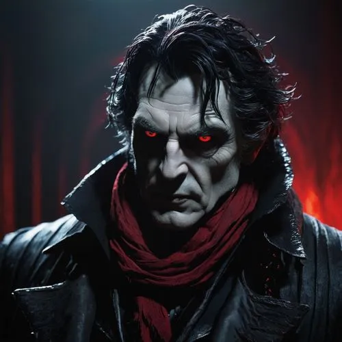 front shot of a sinister old vampire and mysterious character named Mortimer Black, a tall gaunt man with pale translucent skin, red glowing eyes  red light, messy black hair streaked with silver stra