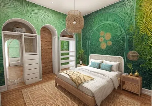Bali style interior with wall murals,a bedroom with green palm tree wallpaper and white bed - Oasis Designs ,children's bedroom,sleeping room,bedroom,guest room,patterned wood decoration,baby room