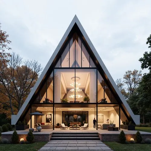 A hyper-realistic, high-resolution architectural photograph of a contemporary luxury home with a dramatic A-frame glass façade, showcasing a soaring vaulted ceiling and warm interior lighting. The str