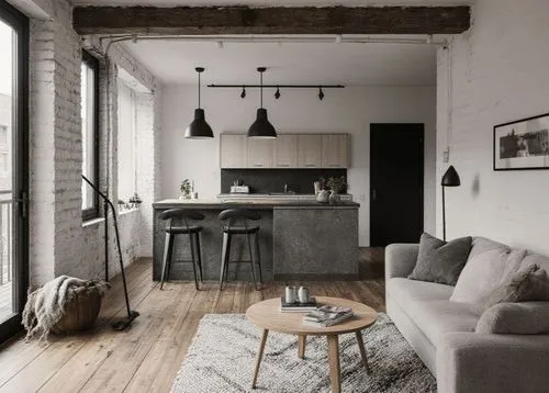Living room with kitchen, industrial brutalist and Nordic style




,a room with a couch a coffee table and a bar stools,danish furniture,loft,home interior,contemporary decor,danish house,shared apar