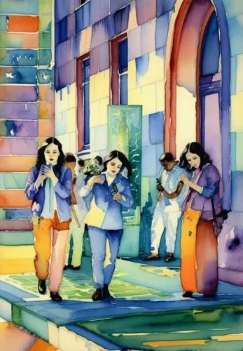 Город на закате, оранжевый дом, фиолетовые тени, акварель,the girl with the yellow umbrella are walking down the steps,violinists,town musicians,violas,tarantella,quartette,troubadours