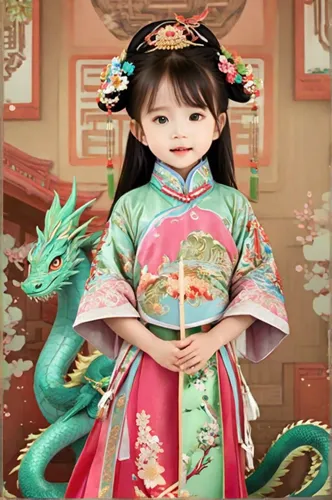 in the middle of the picture is a Chinese-style cheongsam, character design inspired by anime style, Japanese folk art, surrounded by clothing and accessories of the same style, fisheye lens, up view,