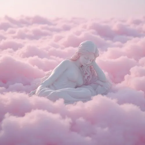 Eine ruhige Szene mit sanfter und traumhafter Atmosphäre, in der eine zarte Frauenstatue anmutig auf einem rosa flauschigen Wolkenbett ruht. Diese welligen und leichten Wolken erzeugen einen sanften G
