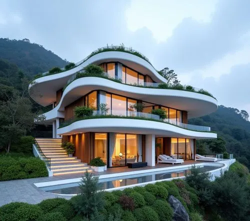 the exterior of a house with an intricate roof,modern architecture,modern house,beautiful home,futuristic architecture,dunes house,tropical house,house in the mountains,luxury property,crib,luxury hom